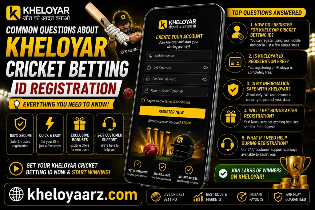 Informative Kheloyar Cricket Betting ID Registration banner featuring a cricket player, smartphone registration screen, and FAQ section explaining the registration process, account security, bonuses, and customer support. The design highlights quick sign-up, secure betting, instant access, live cricket betting, fast payouts, and the official Kheloyar website, kheloyaarz.com, in a modern black-and-gold theme.