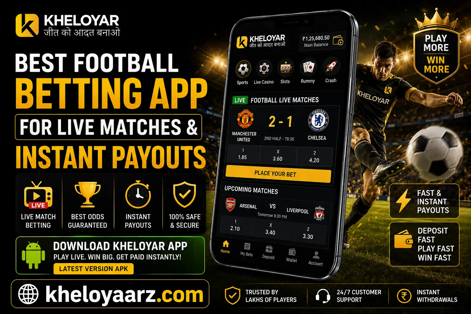 A bold football-themed promotional banner for Kheloyar featuring a black-and-gold color scheme. On the left, large text reads “Best Football Betting App for Live Matches & Instant Payouts,” alongside icons highlighting live match betting, competitive odds, instant payouts, and secure transactions. In the center, a smartphone mockup displays the Kheloyar app interface with live football match statistics, betting options, and upcoming fixtures. On the right, a football player is shown kicking a ball in a brightly lit stadium, emphasizing live sports action. Additional callouts promote fast payouts, quick deposits, customer support, and instant withdrawals. The Kheloyar logo appears at the top left, and the website URL “kheloyaarz.com” is prominently displayed at the bottom.