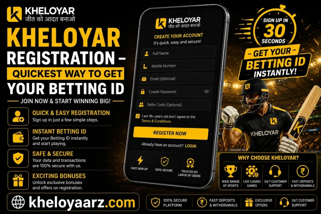 Kheloyar Registration – Quickest Way to Get Your Betting ID promotional banner featuring a secure online registration screen, instant betting ID signup, fast account creation, exclusive welcome bonuses, and the official Kheloyar website kheloyaarz.com. The design includes the Kheloyar logo, mobile app interface, secure registration features, customer support, fast withdrawals, and sports betting services in a modern black-and-gold theme.
