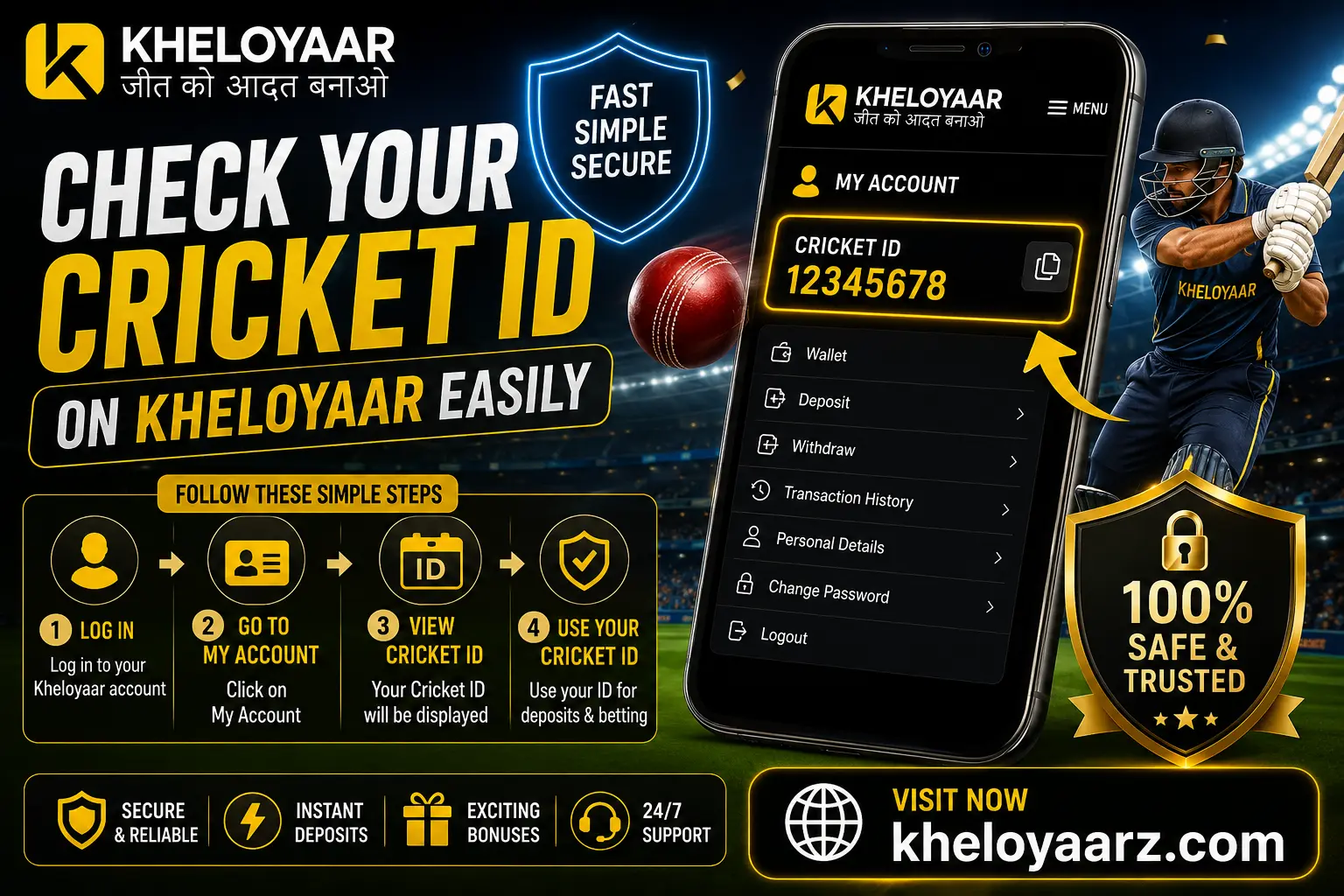 Kheloyaar promotional banner showing how to check your Cricket ID easily. The image features the Kheloyaar logo, a smartphone displaying a Cricket ID in the My Account section, a cricket player, step-by-step instructions to find your Cricket ID, and highlights secure access, instant deposits, bonuses, 24/7 support, and the official website kheloyaarz.com.