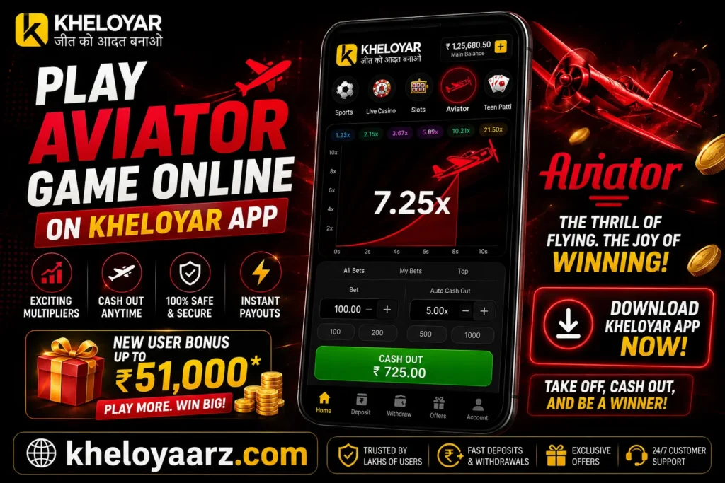 Promotional banner for the Kheloyar App featuring the Aviator online game with a bold red-and-black theme. The image showcases a smartphone displaying the Aviator game interface, a flying airplane, real-time multiplier graph, instant cash-out option, new user bonus offer, secure betting features, and fast payouts. The Kheloyar logo appears at the top, with the official website kheloyaarz.com prominently displayed, highlighting live online gaming, Aviator gameplay, and quick withdrawals.