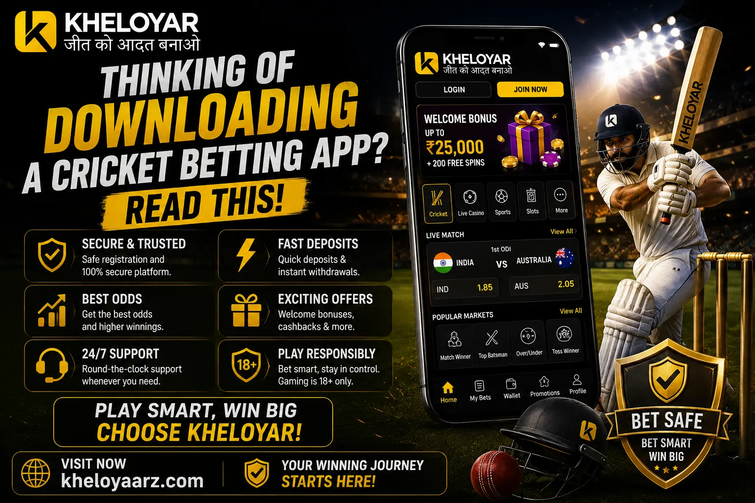 Kheloyar cricket betting app promotional banner featuring a smartphone with cricket betting markets, a batsman on a stadium field, secure betting features, bonus offers, responsible-play messaging, and the website kheloyaarz.com.