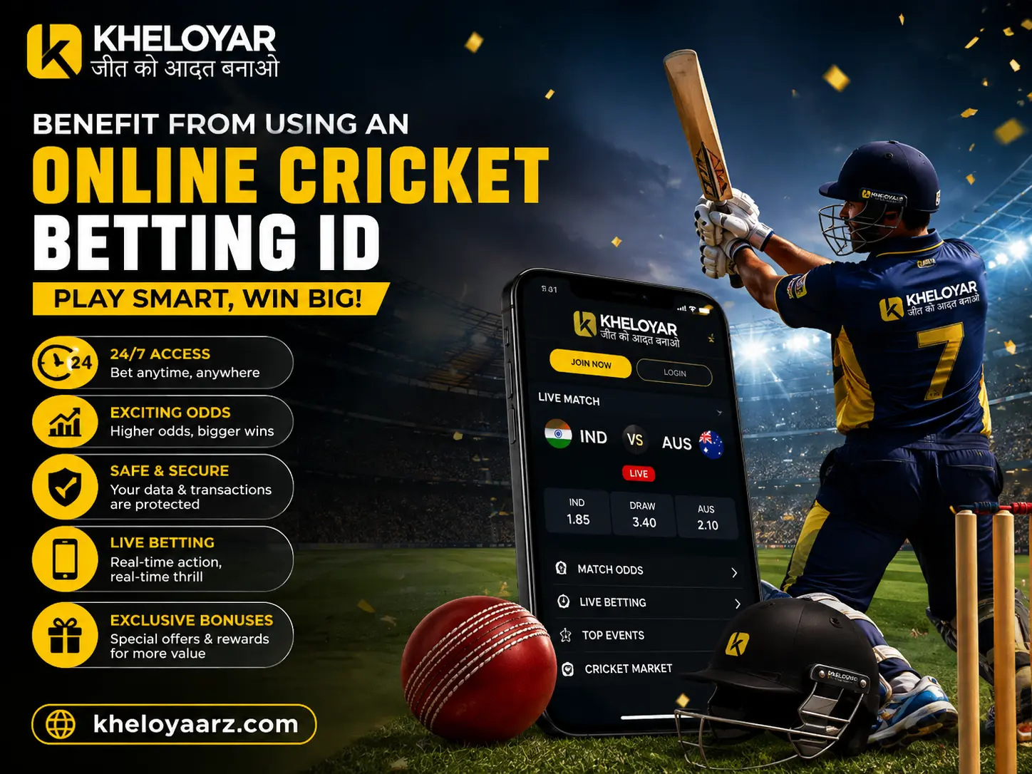 Kheloyar online cricket betting ID promotional banner featuring a live cricket stadium, batsman, smartphone betting interface, key benefits, Kheloyar logo, and kheloyaarz.com website.