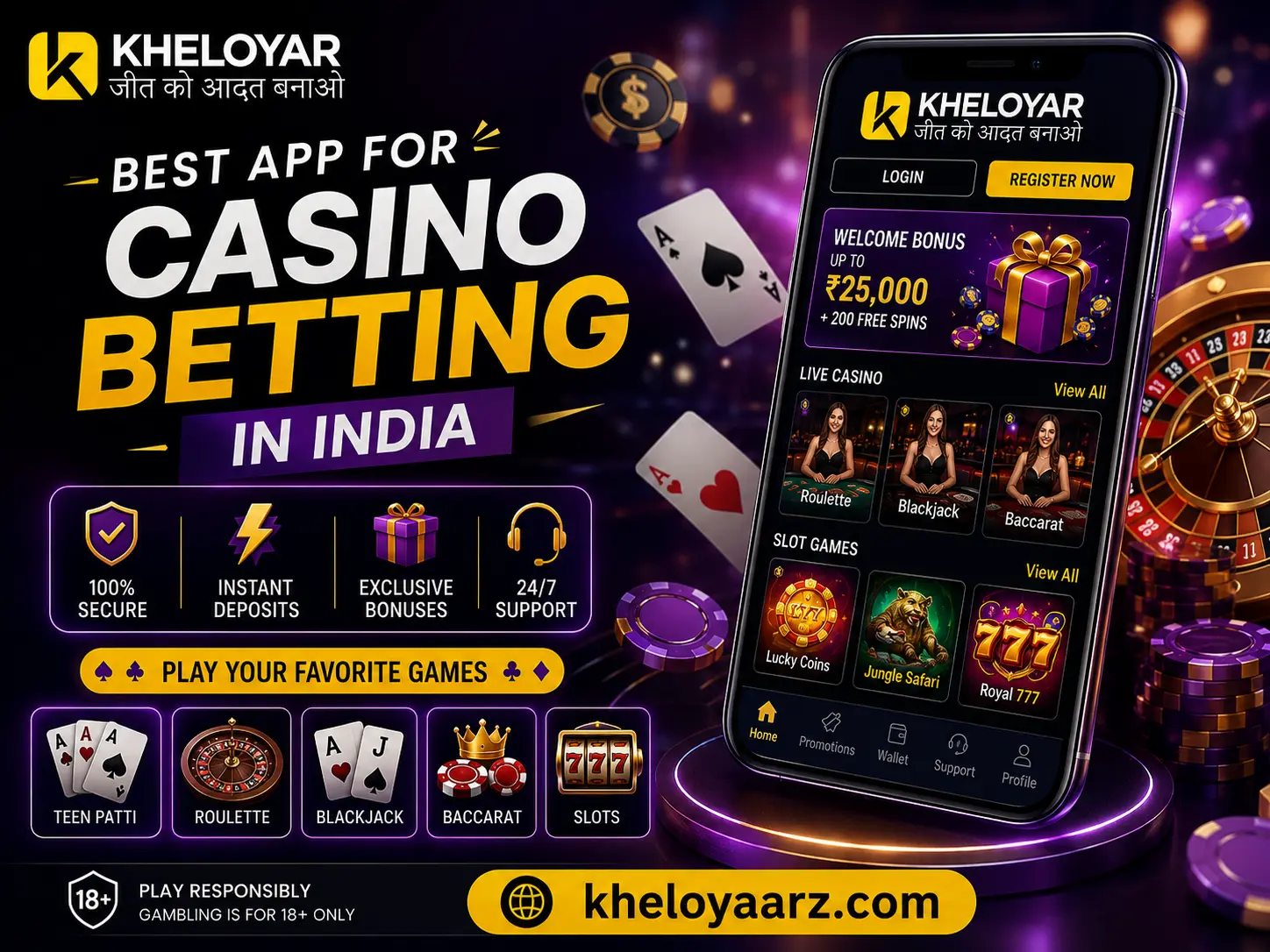 Kheloyar casino betting app banner featuring Teen Patti, Roulette, Blackjack, Baccarat, slot games, a smartphone interface, casino chips, playing cards, and the website kheloyaarz.com.