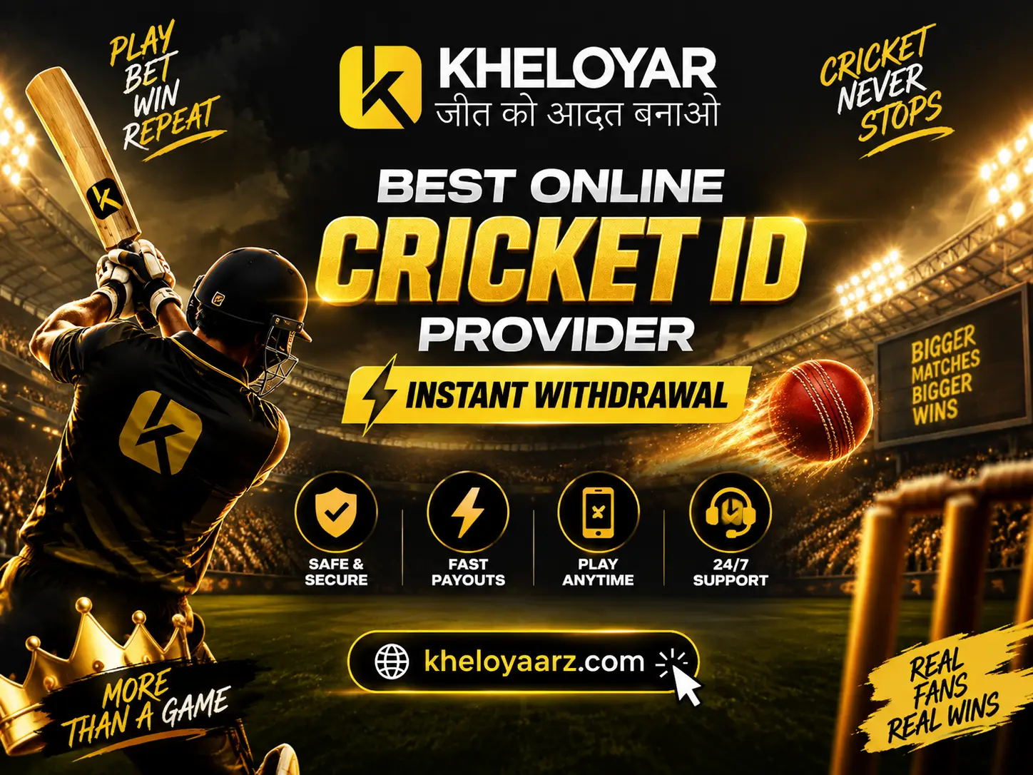Kheloyaar best online cricket ID provider promotional banner featuring a cricket stadium, batsman, cricket ball, instant withdrawal message, fast payouts, secure service, and 24/7 support.