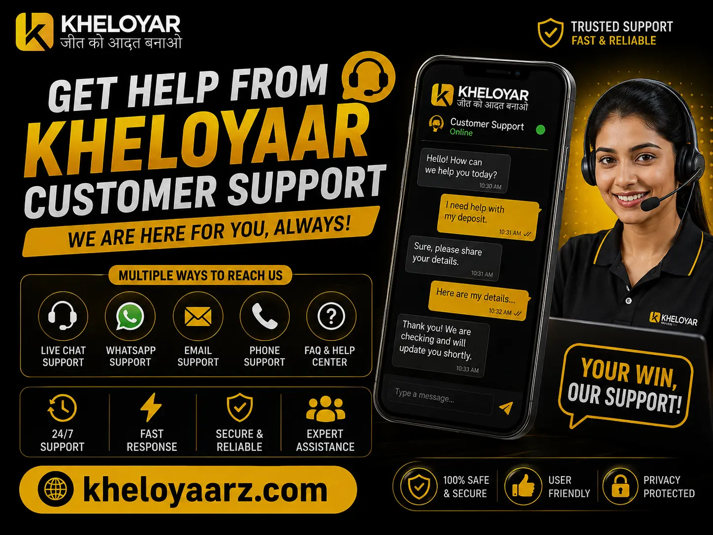 Kheloyaar customer support service with 24/7 assistance, help desk, and website access at kheloyaarz.com.