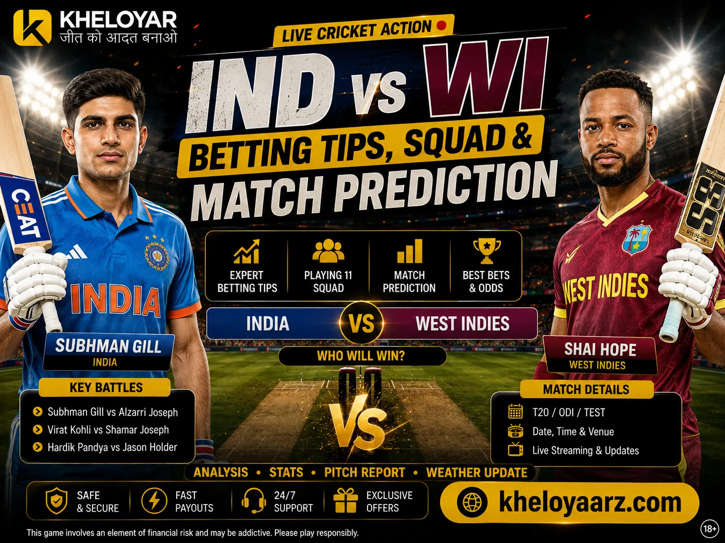 Kheloyaar IND vs WI cricket betting tips featuring Shubman Gill and Shai Hope, with squad details, match prediction, key battles, and kheloyaarz.com branding.