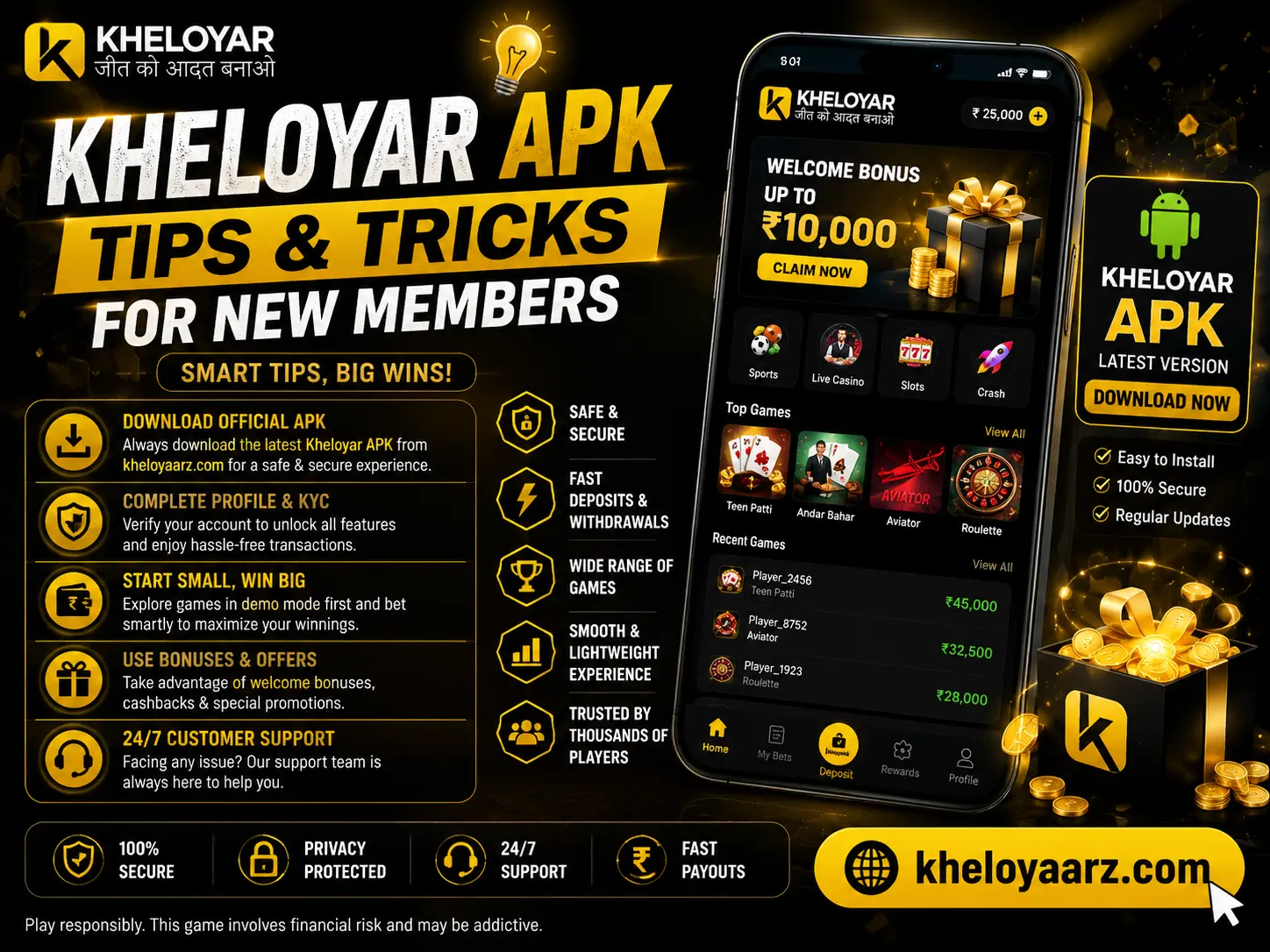 Kheloyar APK tips and tricks for new members featuring the Kheloyar app, download guidance, game features, secure account setup, bonuses, customer support, and kheloyaarz.com.