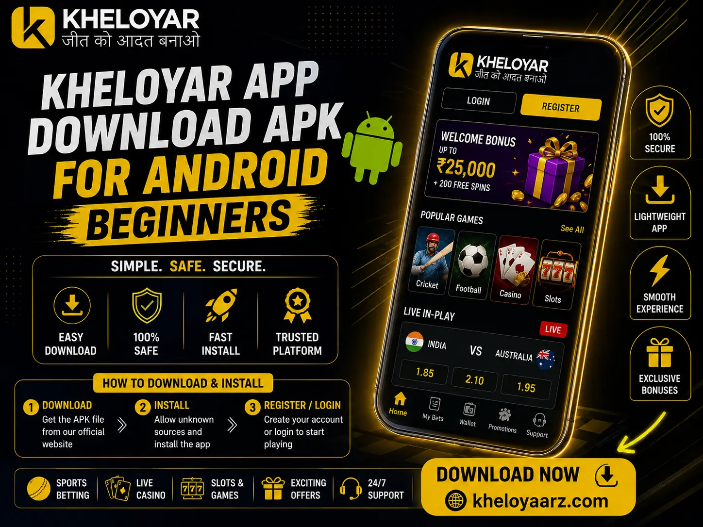 Kheloyar App Download APK for Android beginners with mobile app interface, cricket betting and gaming features, Kheloyar logo, and kheloyaarz.com website URL.