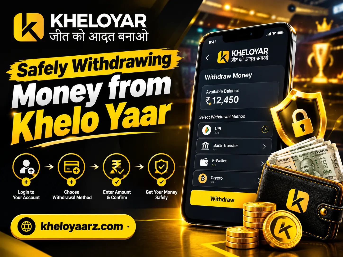 Khelo Yaar secure money withdrawal guide showing a smartphone withdrawal screen, payment methods, security shield, cash and coins, with the text “Safely Withdrawing Money from Khelo Yaar” and website kheloyaarz.com.