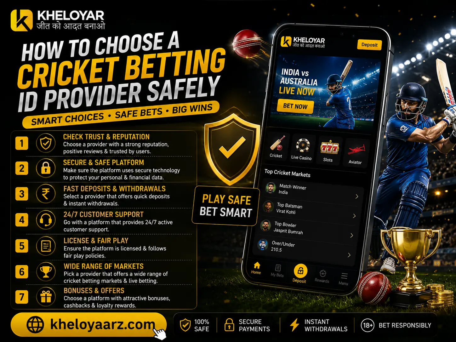 Kheloyar guide to choosing a cricket betting ID provider safely, featuring seven safety tips, secure payments, customer support, cricket betting markets, and the website kheloyaarz.com.