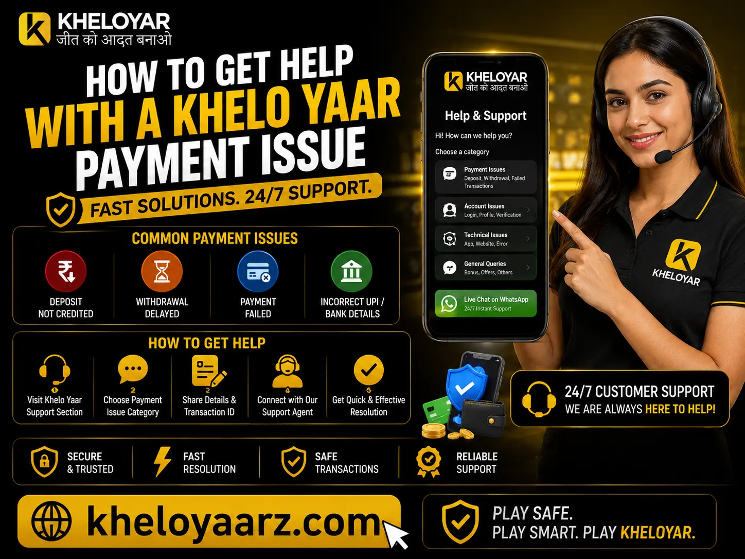 Khelo Yaar payment issue help guide featuring the Kheloyar logo and kheloyaarz.com, with tips for resolving deposit problems and contacting customer support.