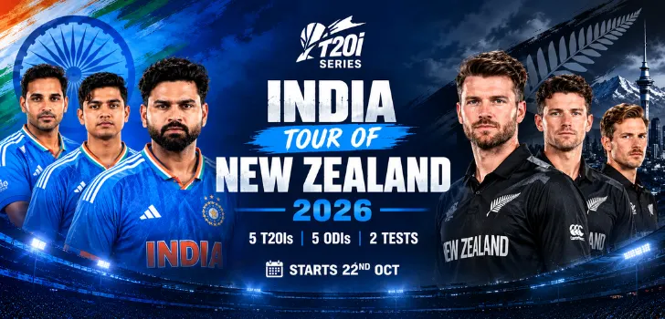 India Tour of New Zealand 2026 featuring Bhuvneshwar Kumar and Indian and New Zealand cricket players in a T20I series poster.