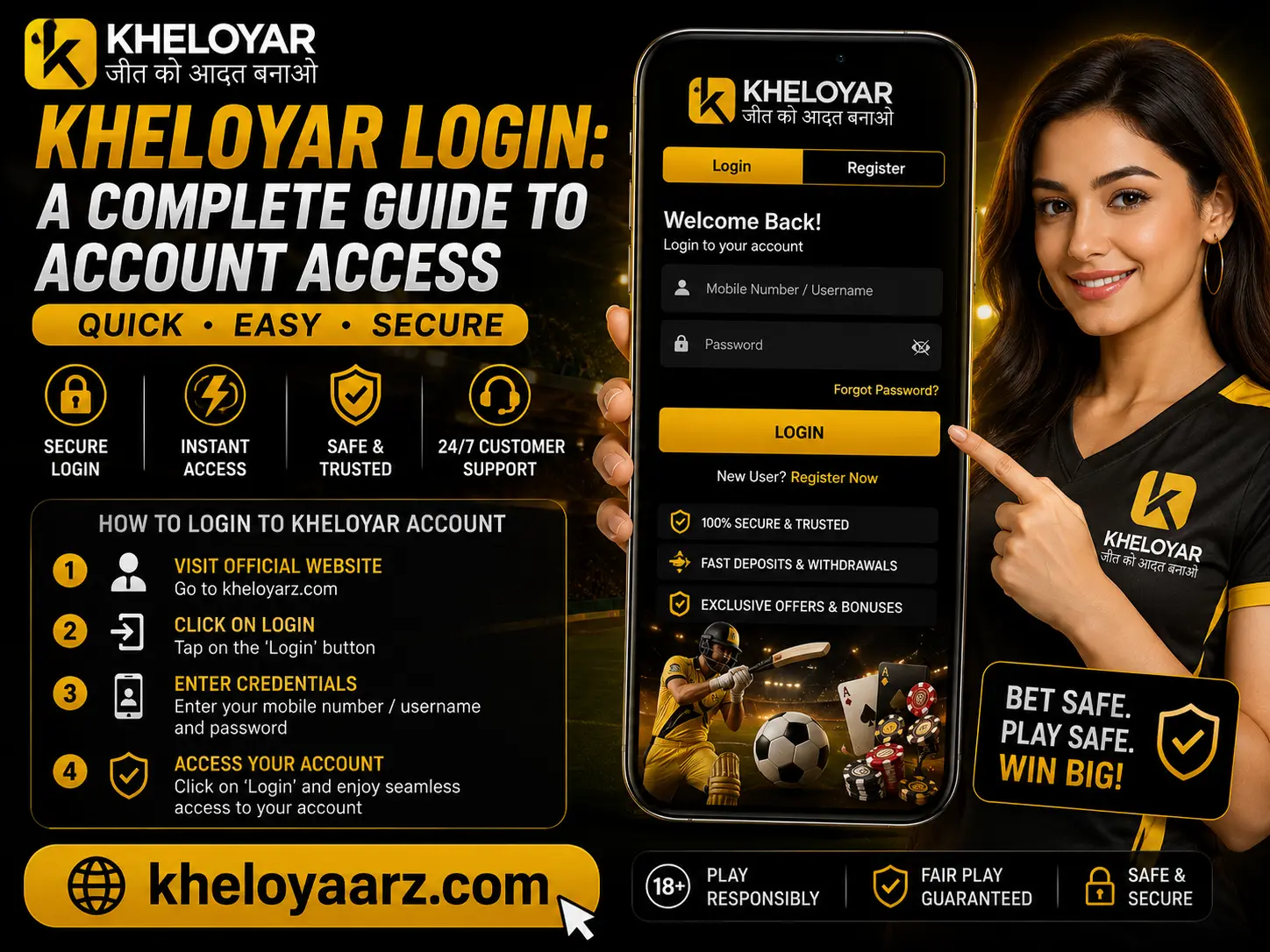 Kheloyar Login complete guide featuring a woman holding a smartphone with a login screen, secure account access steps, registration options, password recovery, and the official website kheloyaarz.com in a black and gold design.