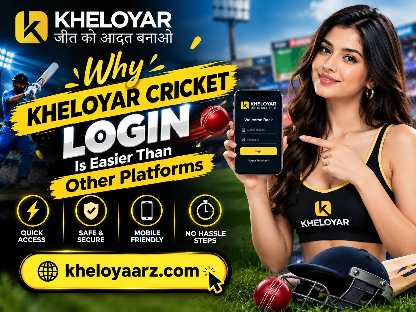 Kheloyar Cricket Login banner featuring a woman holding a smartphone, cricket stadium background, and the text “Why Kheloyar Cricket Login Is Easier Than Other Platforms” with website URL kheloyaarz.com.
